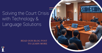 A modern US State courtroom showing screens on the wall and microphones on the tables. The courtroom is in session showing diverse people