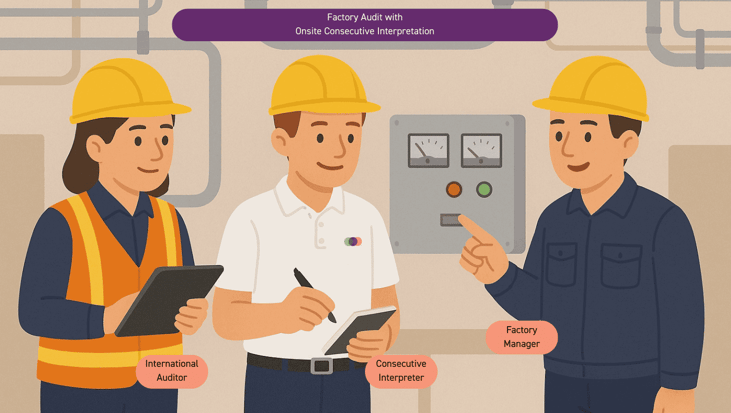 An illustrated factory audit scene showing an international auditor, a consecutive interpreter, and the factory manager in front of a manufacturing panel