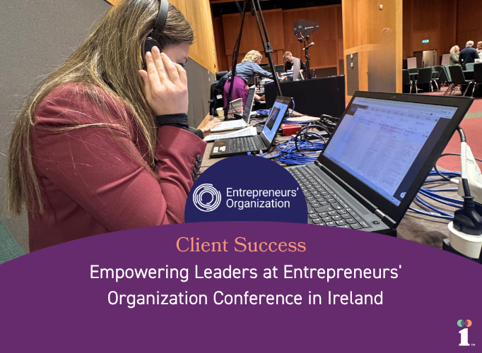 Client Success case study slide featuring a woman wearing headphones working at a laptop during a conference. The Entrepreneurs' Organization logo is centered above a purple banner that reads 'Client Success: Empowering Leaders at Entrepreneurs' Organization Conference in Ireland.' A small company logo appears in the bottom right corner.