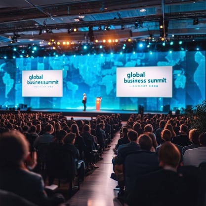 Show the view from the audience at a global business summit onto the stage where a speaker is presenting