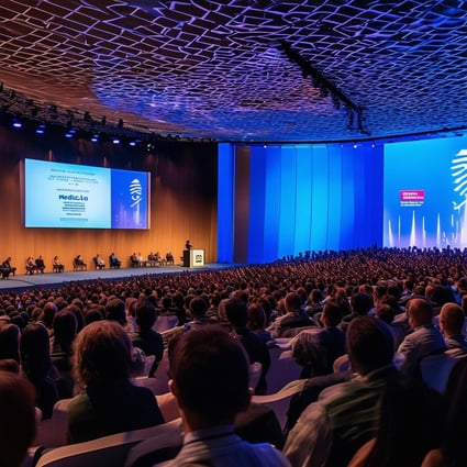 Show the view from the audience at a large international medical conference onto the stage where a speaker is presenting