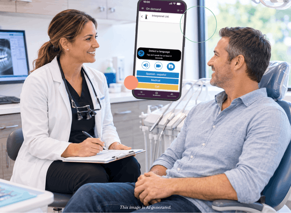 Dentist and patient communicating in a treatment room using the Interprenet On-Demand App
