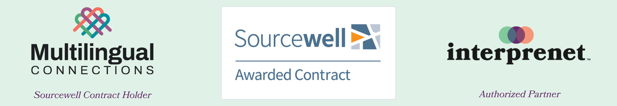 Sourcewell Awarded Contract logo with Multilingual Connections logo and Interprenet logo on either side