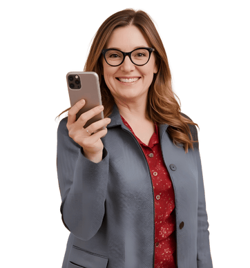 A female teacher holding a smartphone in her hand and smiling
