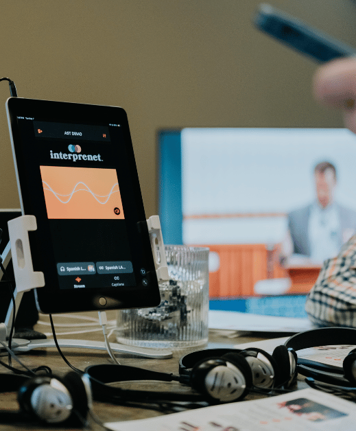 Interprenet AI Speech Translation solution shown on a tablet