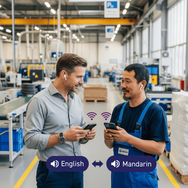 A male middle-aged director of manufacturing in a light grey button down shirt talking to a male middle-aged Asian worker in a blue overall on a production floor. Both are facing each other and each of them holding a smartphone and wearing ear buds.
