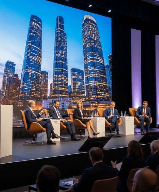 Insurance conference stage showing panelists in front of a city skyline
