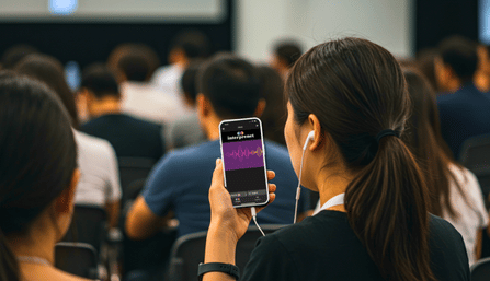 Conference attendee listening to AI Speech Translation on a smartphone
