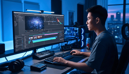 A young professional audio-video editor editing a video at desktop computer in his modern home office