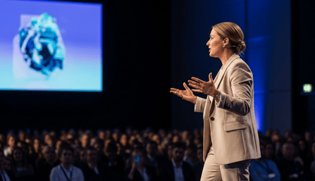 Female keynote speaker at a large conference