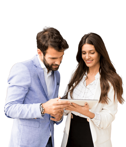 Man and woman looking at virtual meeting on tablet