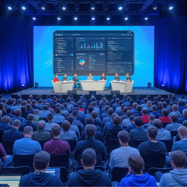 A large conference with panelists on stage discussing questions from the audience