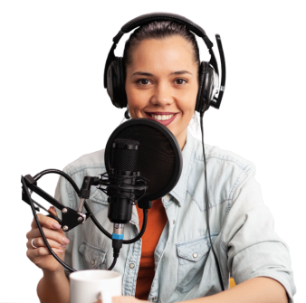 Woman with headset in front of microphone