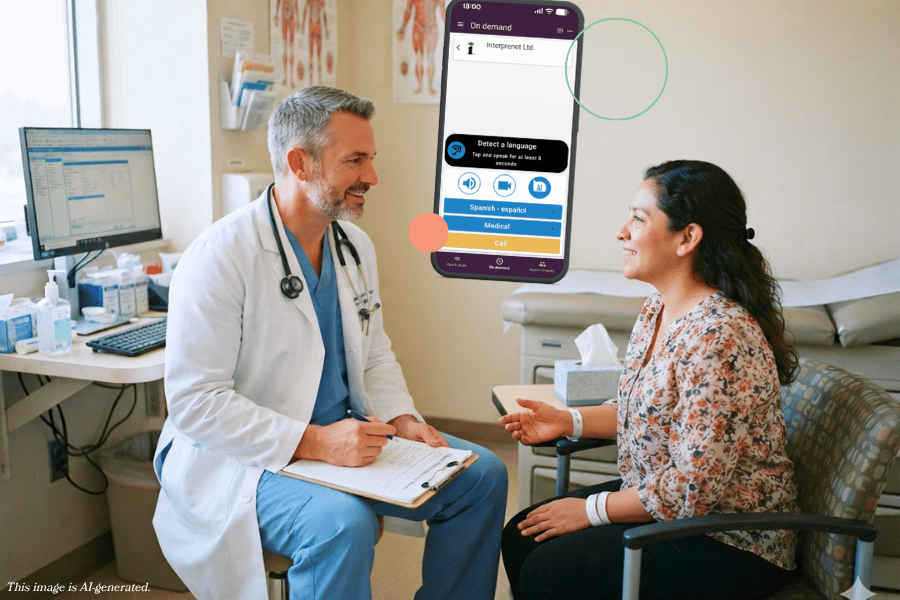 Doctor and LEP patient communicating in a treatment room. The Interprenet On-Demand AI Interpretation app in the background.