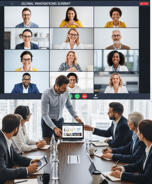 Business meeting in a conference room with a large screen in the background showing virtual meeting participants