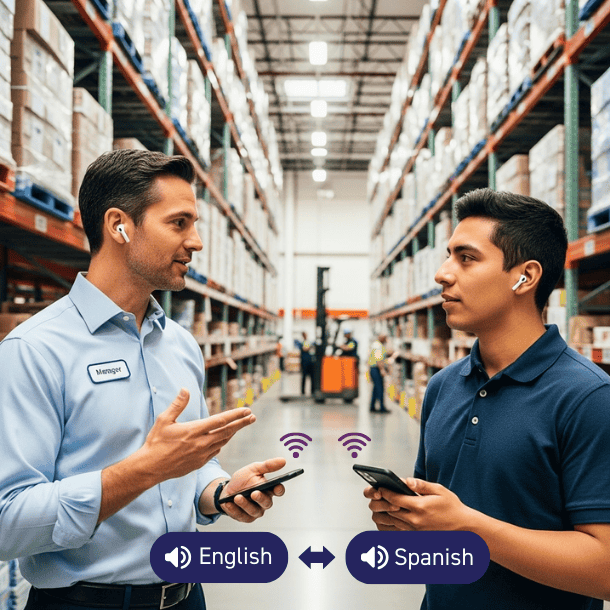 Retail warehouse scene with a warehouse manager training a new hire using an AI Speech Translation app