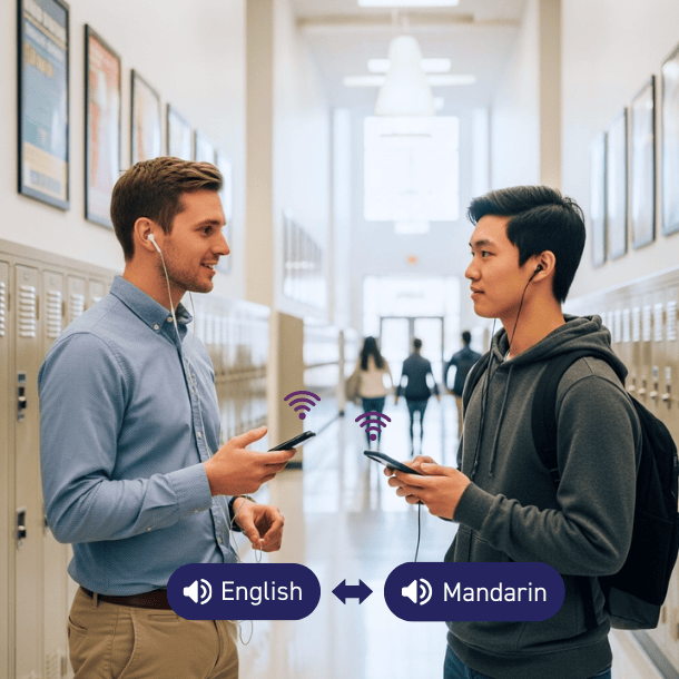 A conversation between a professor and his student, where the professor is speaking English and the student is speaking Mandarin. 
