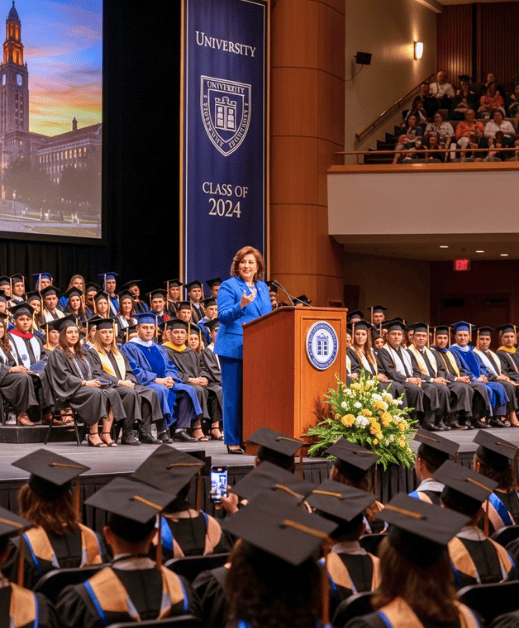 University graduation ceremony with a Hispanic female speaker and a diverse college crowd
