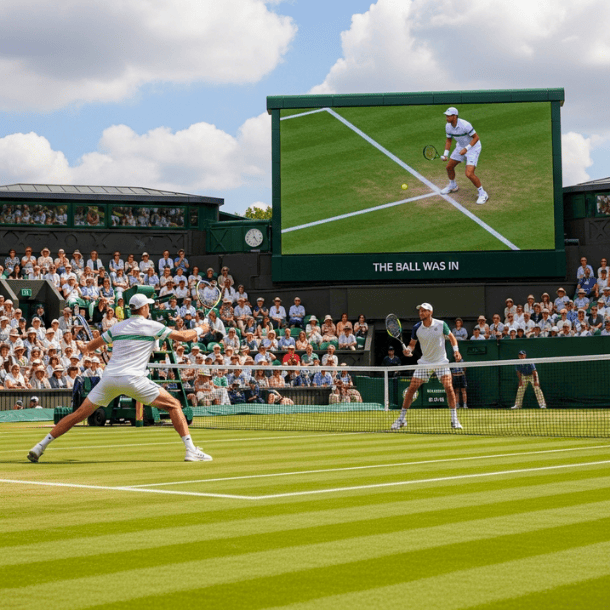 A scene from a large, global tennis tournament showing two players on the grass court with the spectators seen sitting to the left and right and behind the player is a jumbotron screen showing a replay of the tennis ball hitting the line and subtitles visible on the bottom of the screen 