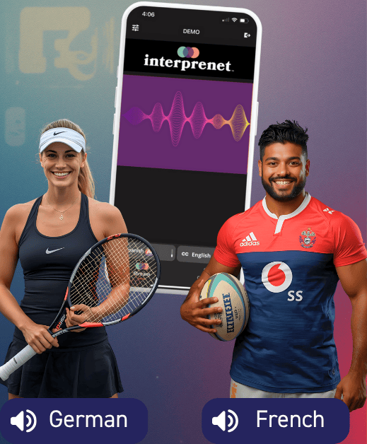 A female tennis player and a male rugby player standing in front of a smartphone showing a language translation app