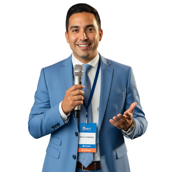 Male Latino conference speaker in his 30ies holding a microphone and wearing a conference badge, looking into the camera and smiling. 