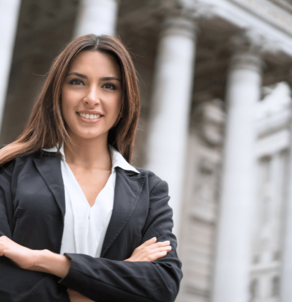 Female court interpreter standing in front of a court house