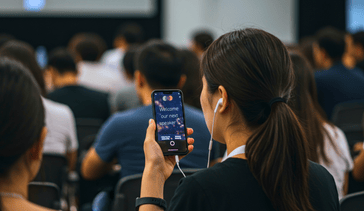 Conference attendee holding up a smartphone watching multilingual captions on her phone