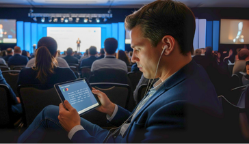 Conference attendee reading AI captions on their mobile tablet