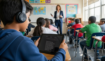 A male student holding a tablet reading live captions
