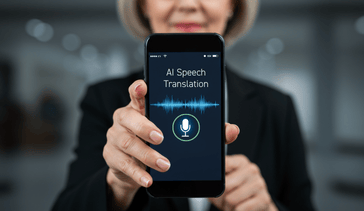 A business woman holding a smartphone screen into the camera, which says AI Speech Translation