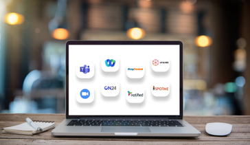 A laptop displaying logos of meeting and event platforms that Interprefy can integrate with